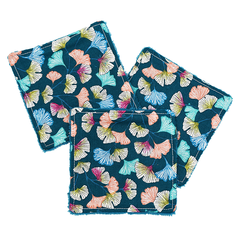 Lot de 3 cotons lavables assortis motif feuilles bleues 