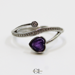 Bague en cuivre blanc ajustable facetté Amethyste AA en forme de cœur